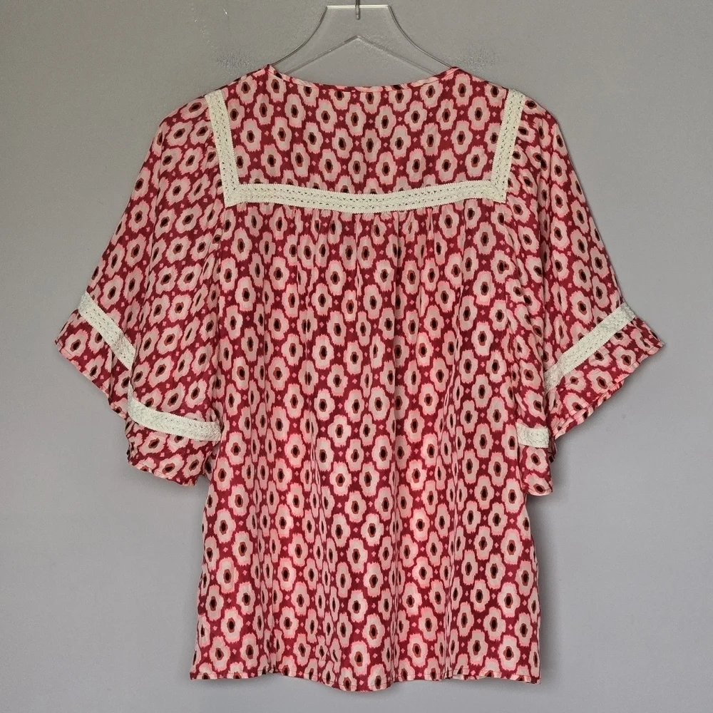 Kate Spade 100% Silk Posy Ikat Bohemian Red Patterned Women's Top